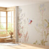 Fotobehang in felle kleuren met delicaat bloemmotief Vogel en vlinder onder bloemen - belangrijkste productafbeelding