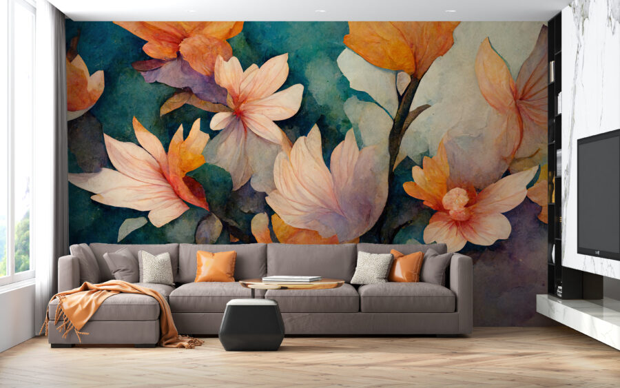 Fotobehang in warme herfstkleuren Painted Flowers - belangrijkste productafbeelding