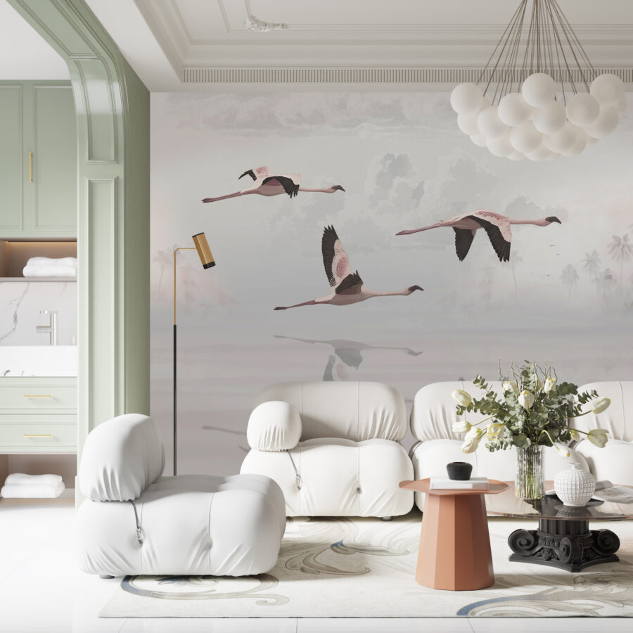 Wandschildering in Aziatische stijl, ideaal voor een moderne woonkamer Flamingo's in vlucht - belangrijkste productafbeelding