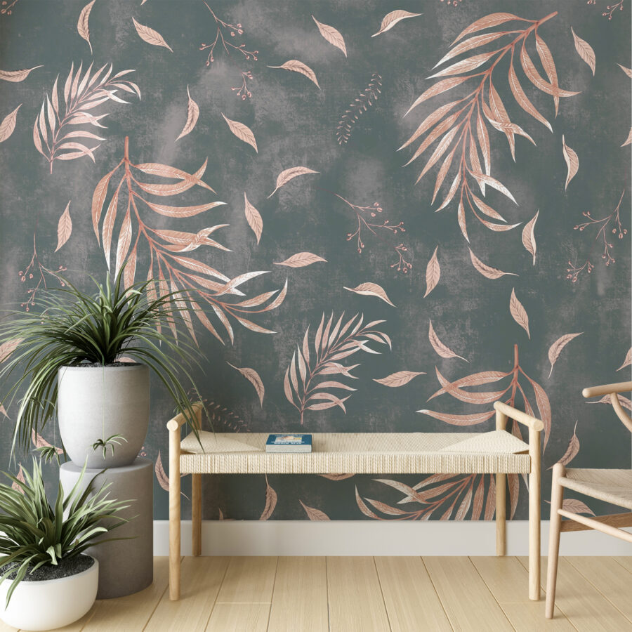 Fotobehang in roze en grijze tinten met exotisch motief Flying Leaves - afbeelding hoofdproduct