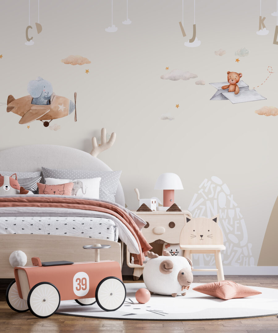 Fotobehang ideaal voor kinderkamer in pastelkleuren Flying Over the Mountains - belangrijkste product afbeelding