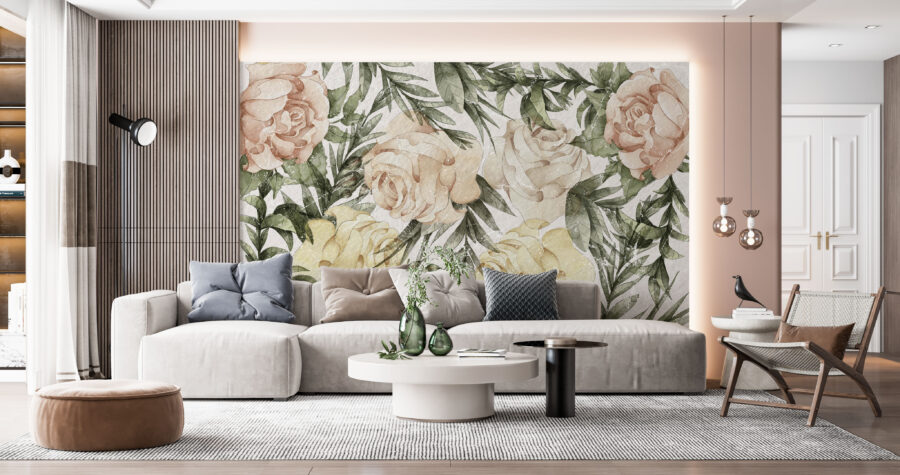 Fotobehang met kleurrijk bloemmotief in boho-stijl Painted Roses - belangrijkste productafbeelding