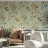 Vintage stijl Fotobehang met klassiek bloemmotief op pistache achtergrond Oranje bloemen - belangrijkste product afbeelding