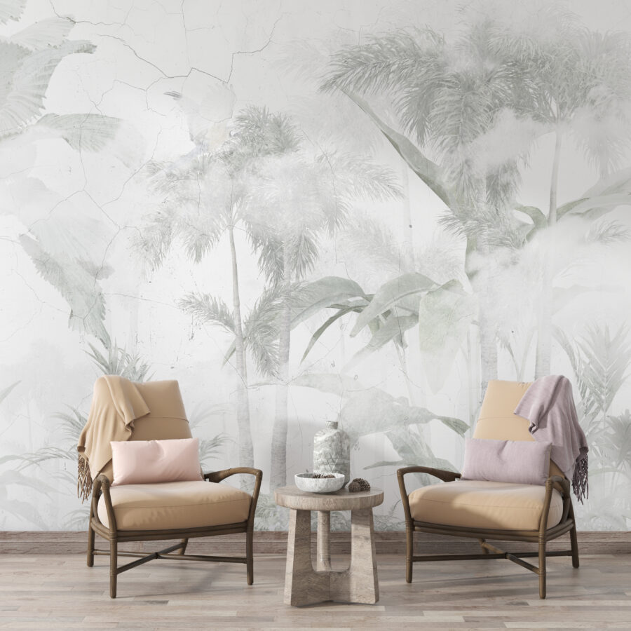 Fotobehang in grijze tinten met tropisch motief Faded Jungle - belangrijkste productafbeelding