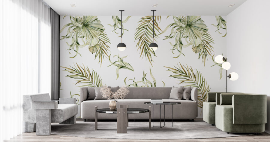 Fotobehang in minimalistische stijl met tropisch bloemmotief Green Palm - afbeelding hoofdproduct