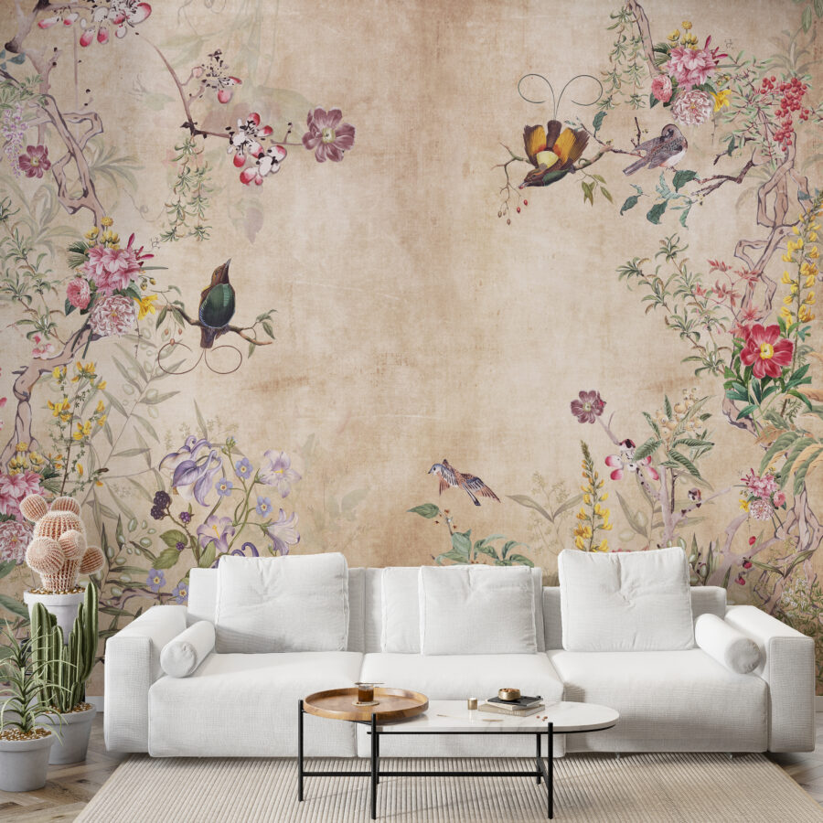 Fotobehang in warme tinten met bloemen en vlinders ideaal voor de woonkamer Bloemen in de tuin - belangrijkste product afbeelding