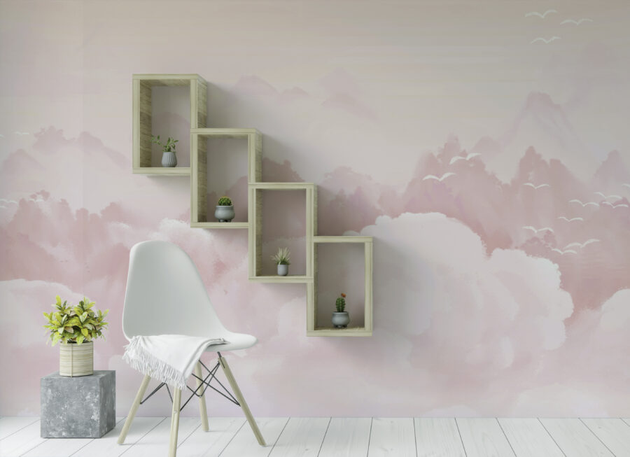 Fotobehang perfect voor een kleine meisjeskamer Roze wolken - belangrijkste product afbeelding