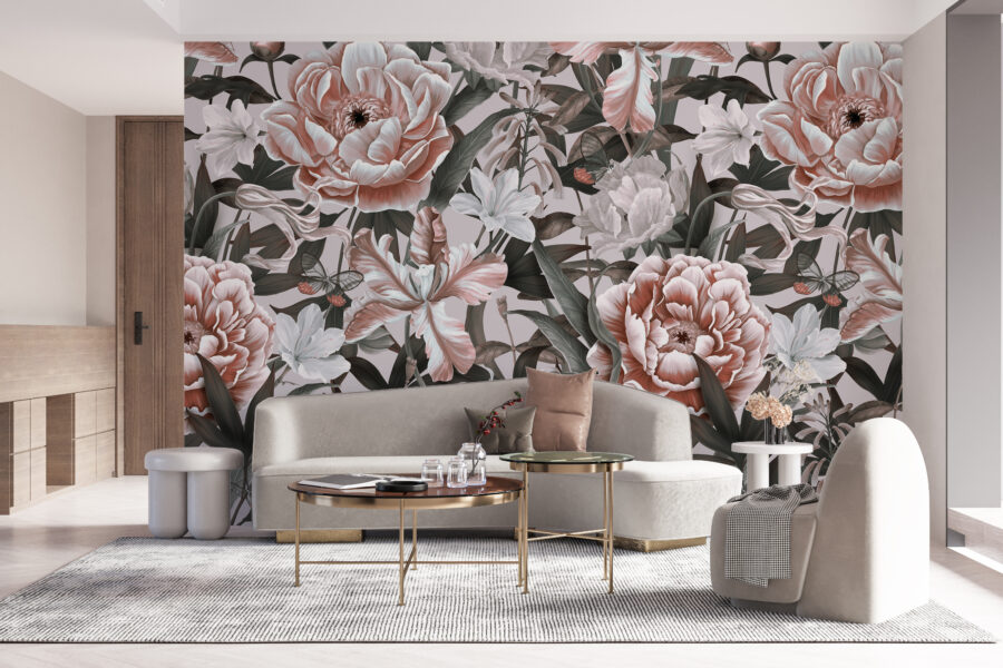 Fotobehang met een klassiek motief in een moderne opstelling en interessante kleuren Grote bloemen - afbeelding hoofdproduct