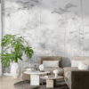 Fotobehang in grijs met hoge tropische bomen die de perfecte achtergrond vormen voor elk interieur Palms to the Sky - belangrijkste productafbeelding