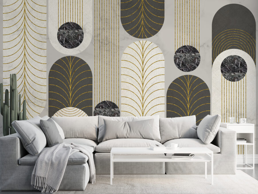 Geometrische Fotobehang in moderne koude kleuren Semicircles With Gold - belangrijkste productafbeelding