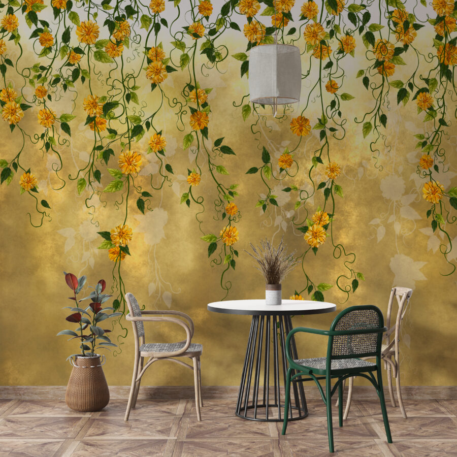 Fotobehang in zonnige kleuren met vallende bloemen motief ideaal voor woonkamer Gele bloemencascade - belangrijkste product afbeelding