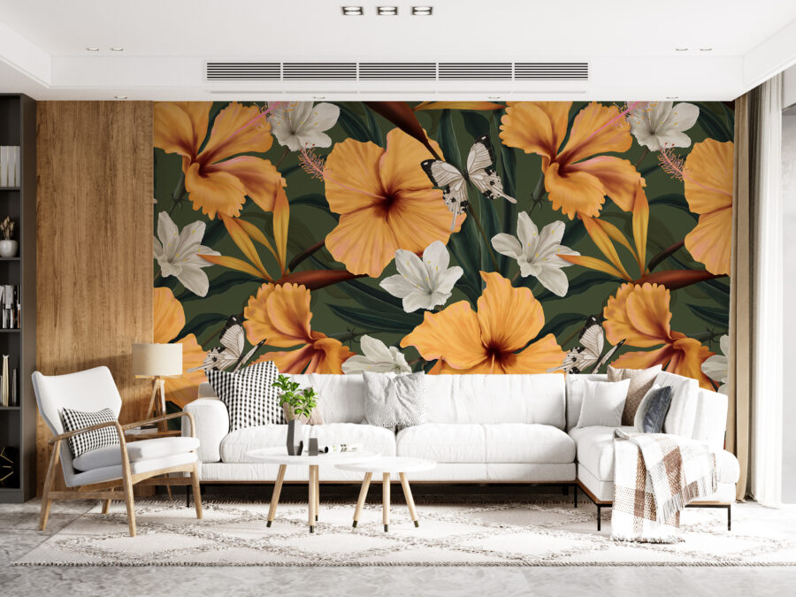 Fotobehang met bloemmotief in krachtige heldere kleuren voor een gedurfde styling Yellow Flowers - belangrijkste productafbeelding