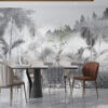Fotobehang met een universeel motief van een tropisch oerwoud in monochrome kleuren, ideaal voor de woonkamer of eetkamer Jungle wit - belangrijkste product afbeelding