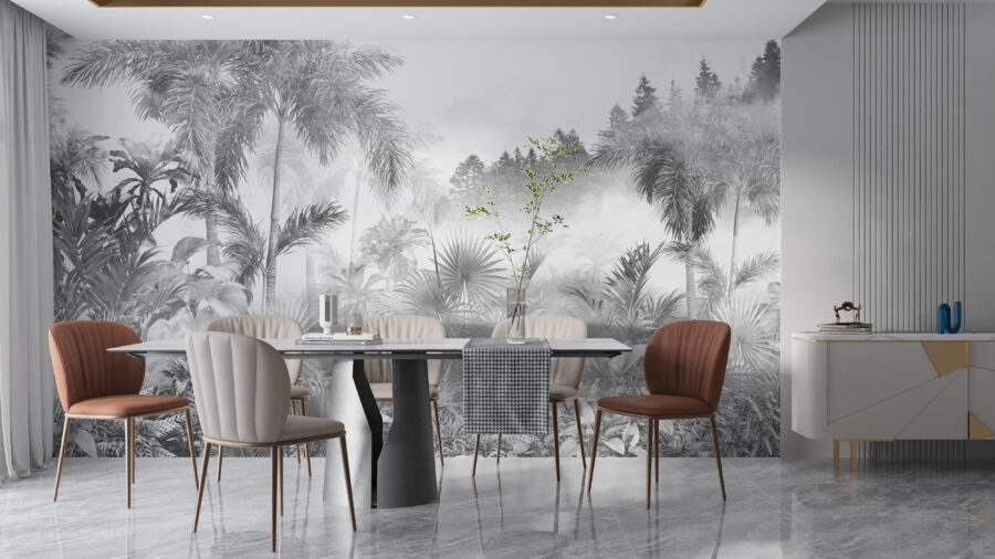 Fotobehang met een universeel motief van een tropisch oerwoud in monochrome kleuren, ideaal voor de woonkamer of eetkamer Jungle wit - belangrijkste product afbeelding