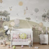 Muurschildering met bloemen- en dierenillustratie in zacht taupe, ideaal voor kinderkamer Boomhutten - belangrijkste productafbeelding
