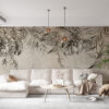 Zichtbare textuurmuur in warme beige en groene tinten met een tijdloos motief van exotische flora Bladeren op oud papier - belangrijkste productafbeelding