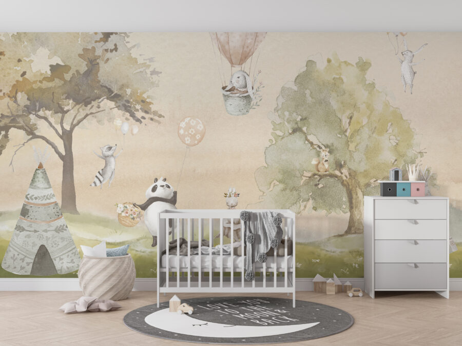 Fotobehang met sprookjesachtige decors en vrolijke maar ingetogen kleuren, ideaal voor een kinderkamer Plezier op de weide - belangrijkste productafbeelding