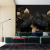 Fotobehang met grote pioenbloemen in ongewone donkere kleuren, elegant en intrigerend Granaatappel en gouden bloem - afbeelding hoofdproduct