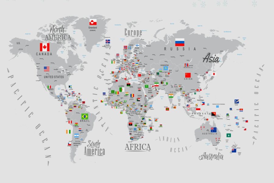 Fotobehang voor aardrijkskundeliefhebber met kleurrijke vlaggen op grijze continenten Wereldkaart met vlaggen - afbeelding nummer 2
