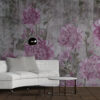 Boho stijl Fotobehang met een rij bloemen op een grijze niet-uniforme achtergrond Roze anjers - belangrijkste product afbeelding