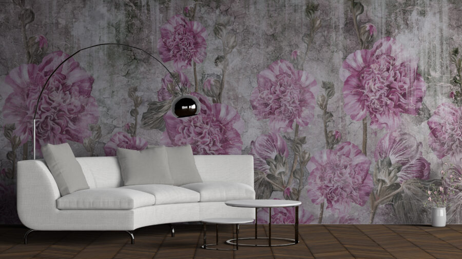 Boho stijl Fotobehang met een rij bloemen op een grijze niet-uniforme achtergrond Roze anjers - belangrijkste product afbeelding