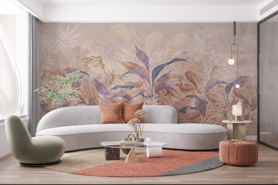 Fotobehang met exotisch bloemmotief in warme vrouwelijke kleuren, ideaal voor woon- of slaapkamer Pink Leaf Thicket - belangrijkste productafbeelding