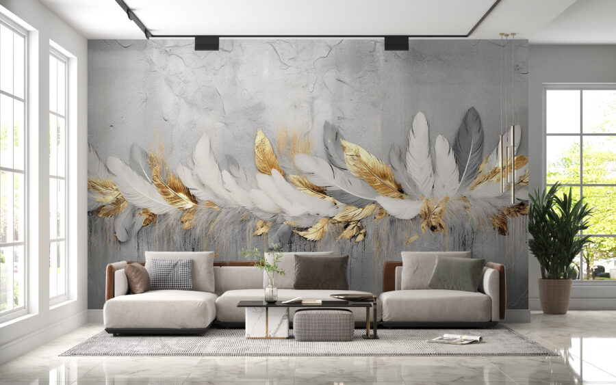 Fotobehang in modern design met witgrijze en gouden veren in een vlecht Tangled Feathers - belangrijkste productafbeelding