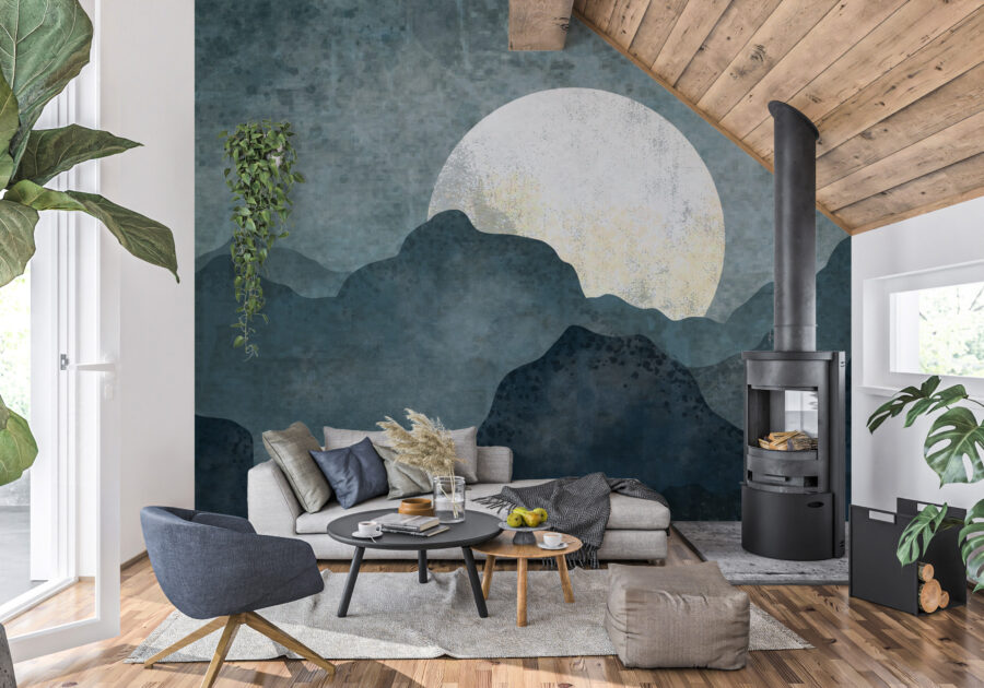 Fotobehang in donkere kleuren met hoge bergen en volle maan ideaal voor woonkamer of slaapkamer Silver Moon - belangrijkste product afbeelding