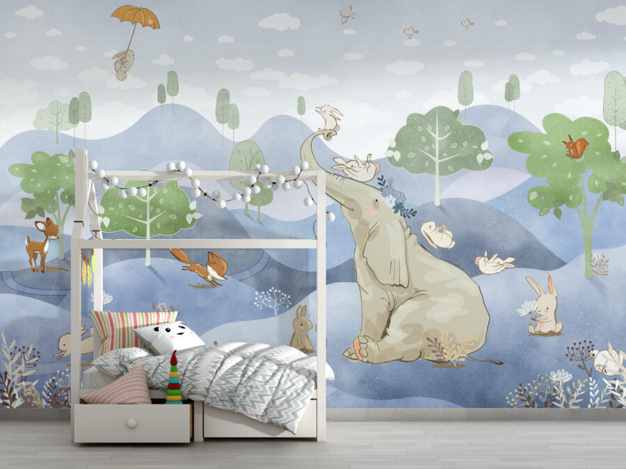 Illustratie Fotobehang met dieren, ideaal voor kinderkamer Olifant in blauw - belangrijkste product afbeelding