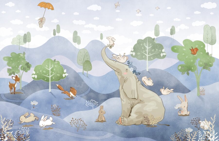 Dieren speel illustratie Fotobehang ideaal voor kinderkamer Olifant in Blauw - afbeelding nummer 2