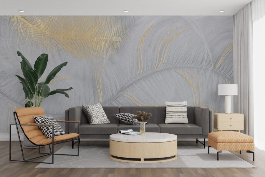 Fotobehang in gedempt grijs en goud, elegant en minimalistisch Wavy Leaf - belangrijkste product afbeelding