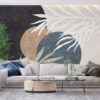 Fotobehang in moderne stijl, combinatie van geometrie en bloemmotief Circles and Leaves - belangrijkste productafbeelding