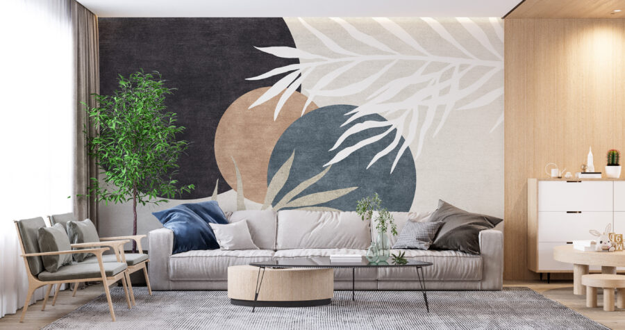 Fotobehang in moderne stijl, combinatie van geometrie en bloemmotief Circles and Leaves - belangrijkste productafbeelding