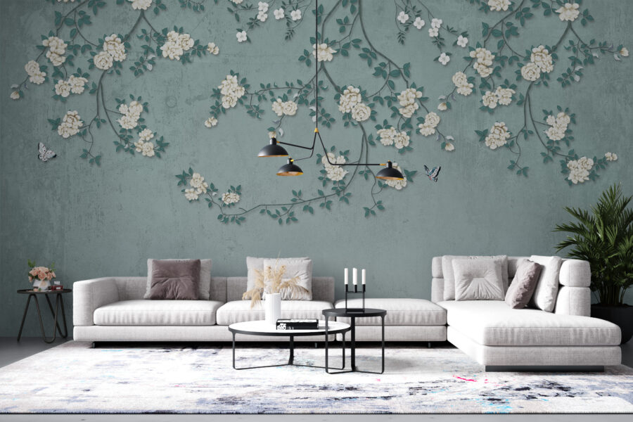 Fotobehang in donkere, elegante kleuren met een vogelmotief tussen een bloeiende boom, subtiliteit en elegantie White Roses - belangrijkste productafbeelding