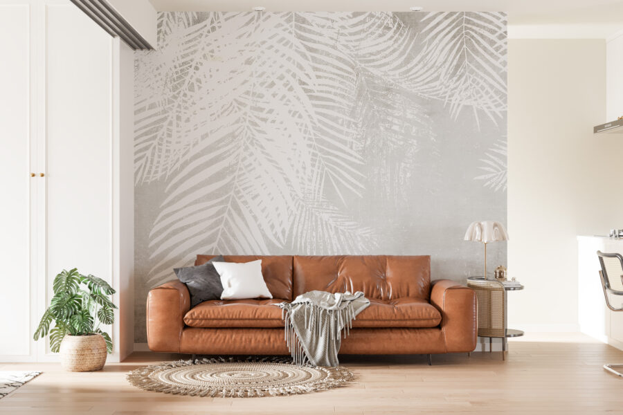 Wandschildering in Scandinavische stijl in wit en grijs, perfect voor elke kamer Palm Leaves White - belangrijkste productafbeelding