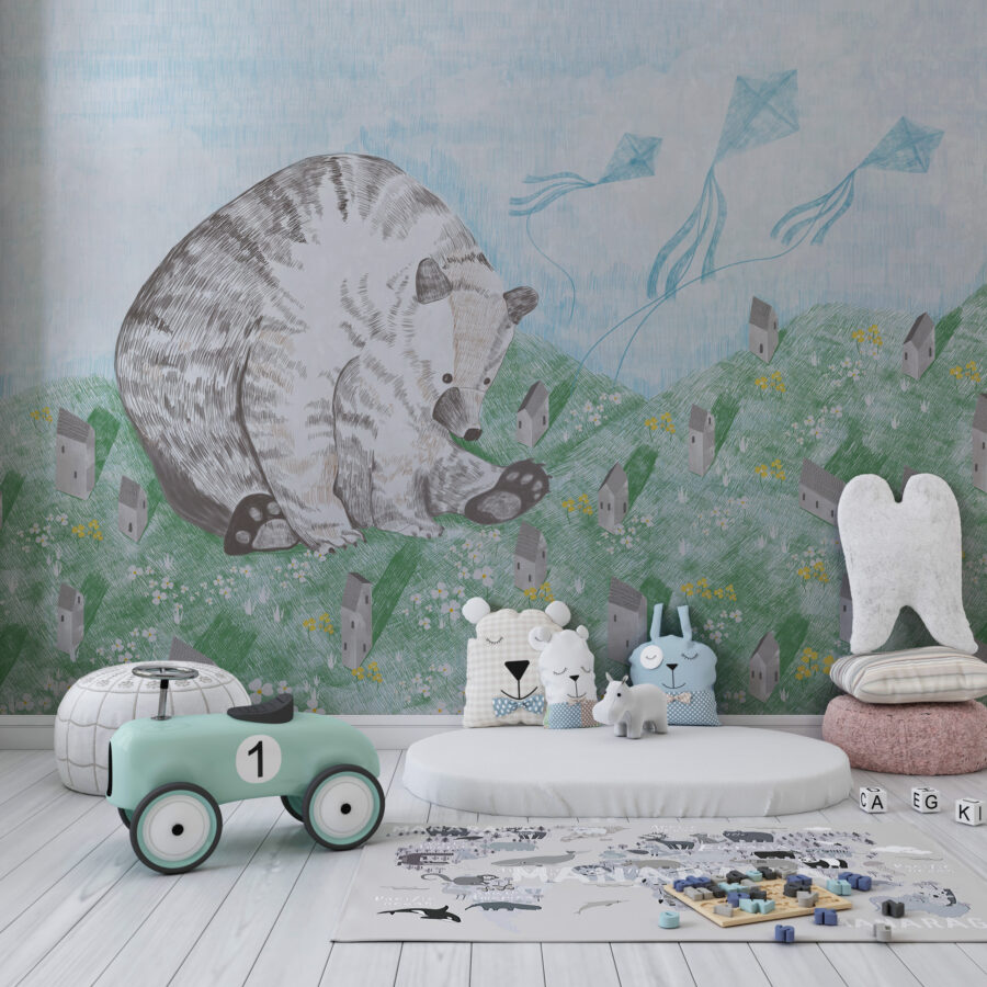 De Bear in the City Fotobehang is een kinderkamerdecoratie met een delicaat thema en expressie. Een teddybeer tussen de huizen is een subtiele suggestie voor het oog van het kind - belangrijkste productafbeelding