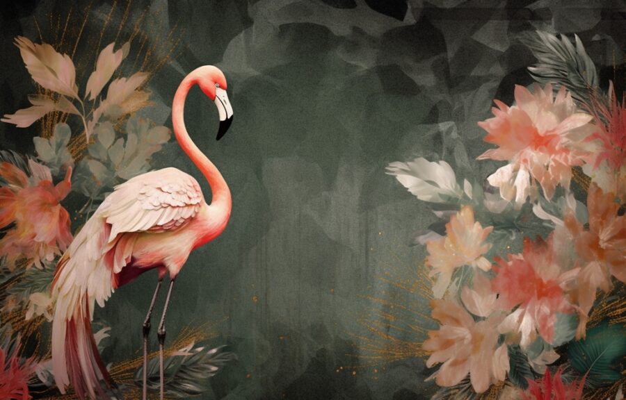 Fotobehang in donkere en krachtige kleuren met een flamingo tussen bloemen Pink Exotics - afbeelding nummer 2