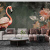 Fotobehang in donkere en krachtige kleuren met een flamingo tussen bloemen Pink Exotics - afbeelding hoofdproduct