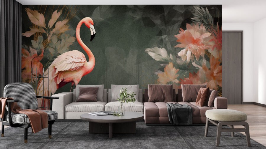 Fotobehang in donkere en krachtige kleuren met een flamingo tussen bloemen Pink Exotics - afbeelding hoofdproduct