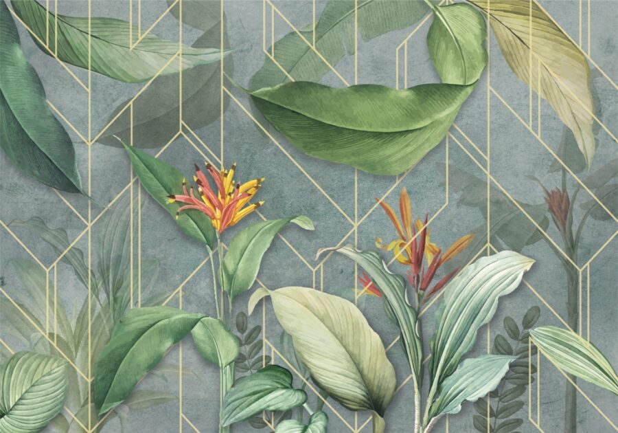 Fotobehang in krachtige kleuren met strelitzia bloemen en gouden lijnen Tropics On Tiles - afbeelding nummer 2