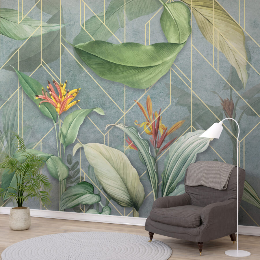 Fotobehang in krachtige kleuren met strelitzia bloemen en gouden lijnen Tropics On Tiles - afbeelding hoofdproduct