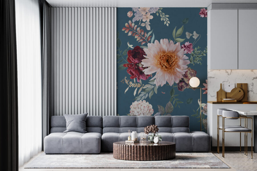 Bloemen Fotobehang in 3d, ideaal voor natuurliefhebbers, realistische en mooie chrysanten en pioenen - belangrijkste product afbeelding