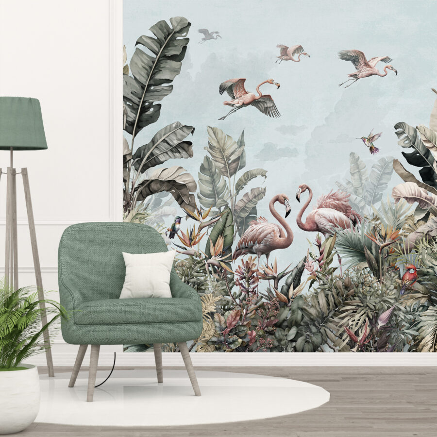 Wandschildering in exotisch jungleklimaat, wilde dieren motief op Flamingo's in de tropen - belangrijkste product afbeelding