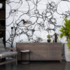 Boho-stijl Fotobehang in wit en zwart, groot bloemenmotief Grafiek van witte bloemen - belangrijkste productafbeelding