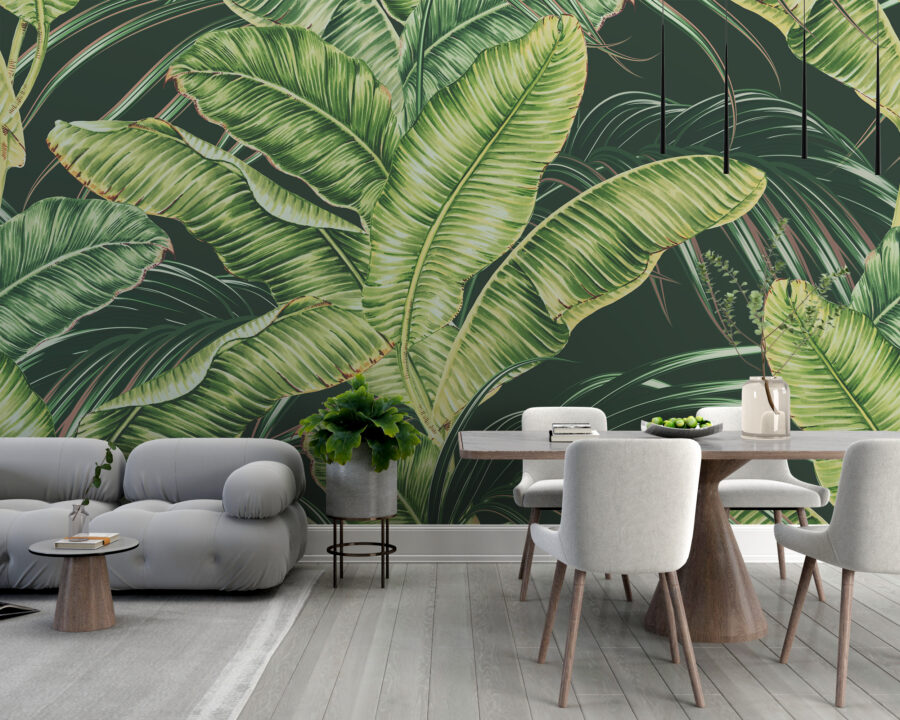 Fotobehang van lange bananenbladeren in rustgevende kleuren Light Green Exotic Leaves - belangrijkste productafbeelding