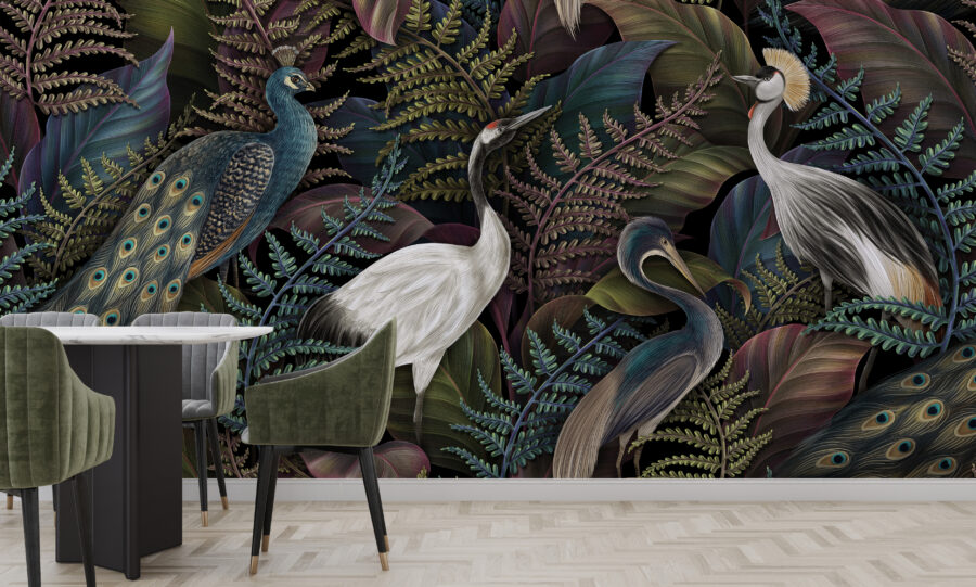 Exotische landschapsschildering in donkere tinten, elegante en expressieve Royal Birds - belangrijkste productafbeelding