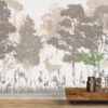 Fotobehang in wit, beige, grijs met herten tussen de bomen Forest Dawn - belangrijkste product afbeelding