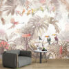 Fotobehang in wit, beige, grijs en roze met tropisch jungle-motief op de muur van Papegaai en Monsterabladeren - afbeelding hoofdproduct