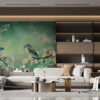 Fotobehang uiterst elegant, in een klassieke stijl met groen en blauw op de voorgrond Paar blauwe vogels - afbeelding hoofdproduct