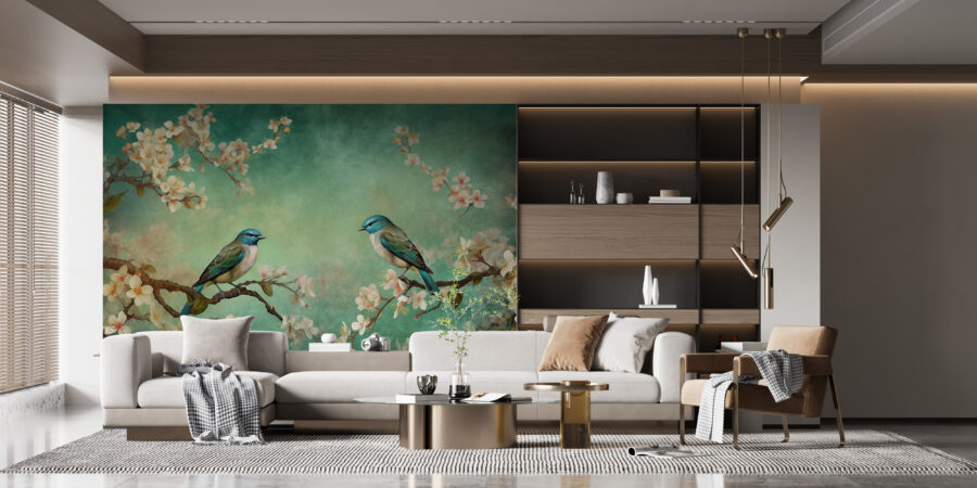 Fotobehang uiterst elegant, in een klassieke stijl met groen en blauw op de voorgrond Paar blauwe vogels - afbeelding hoofdproduct